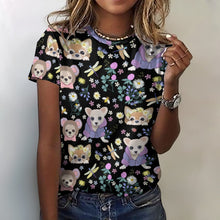 Load image into Gallery viewer, Magic Flower Garden Chihuahuas All Over Print Women&#39;s Cotton T-Shirt - 4 Colors-Apparel-Apparel, Chihuahua, Shirt, T Shirt-Black-2XS-3