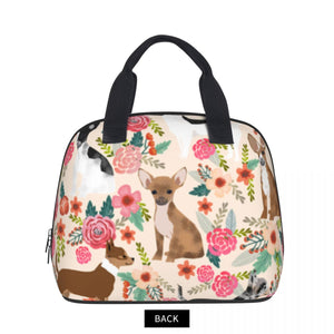Back image of Chihuahua lunch bag in the cutest Chihuahuas in bloom design