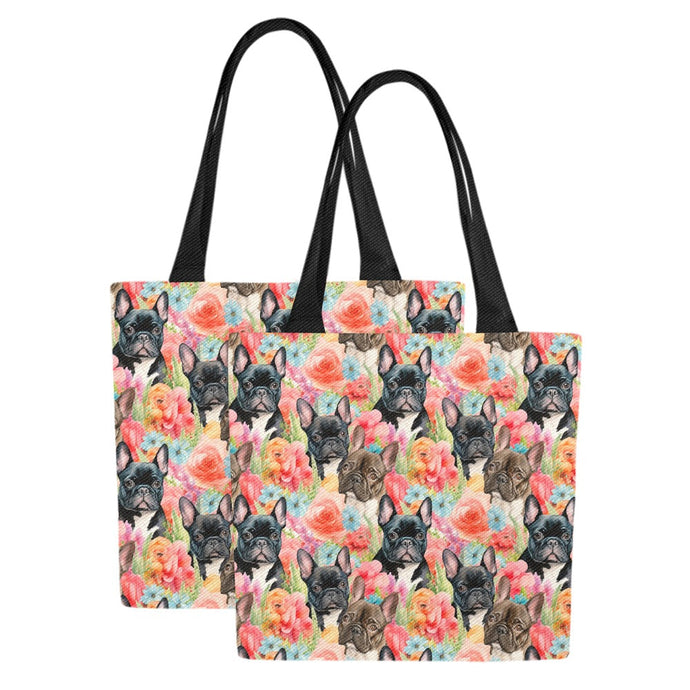 Chocolate and Black Frenchies in Bloom Large Canvas Tote Bags-2