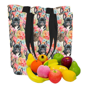 Chocolate and Black Frenchies in Bloom Large Canvas Tote Bags-5