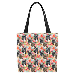 Chocolate and Black Frenchies in Bloom Large Canvas Tote Bags-7
