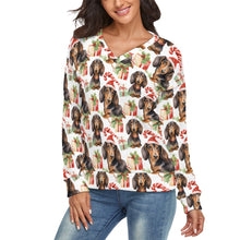Load image into Gallery viewer, Chocolate and Tan Dachshund Holiday Women's V-Neck Christmas Sweater-Apparel-Apparel,Christmas,Dachshund,Dog Mom Gifts,Sweater,Sweatshirt-1