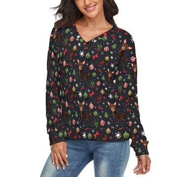 Chocolate Chihuahuas Festive Charm Womens V Neck Christmas Sweater 4 360x