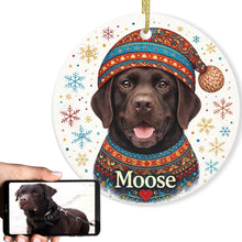 Load image into Gallery viewer, Chocolate Labrador Ornament - Christmas Folk Art Design - Personalize with Photo and Name
