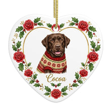 Load image into Gallery viewer, Chocolate Labrador Ornament - Personalized Heart Shaped Christmas Rose Border - with Name-Christmas Ornament-Chocolate Labrador,Christmas,Personalize Artwork-4