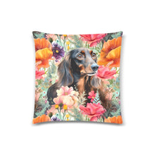 Load image into Gallery viewer, Chocolate Tan Dachshund Field of Blooms Throw Pillow Cover - 2 Designs-Cushion Cover-Dachshund, Home Decor, Pillows-One Dachshund-1