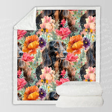 Load image into Gallery viewer, Chocolate-Tan Dachshund in a Field of Blooms Soft Warm Fleece Blanket-Blanket-Blankets, Dachshund, Home Decor-10