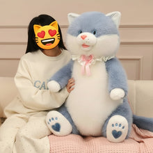 Load image into Gallery viewer, Chonky Blue and White Fat Cat Plush Toy - Sitting Ribbon Bow Collar Design-3