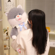 Load image into Gallery viewer, Chonky Grey and White Fat Cat Plush Toy - Sitting Ribbon Bow Collar Design-2