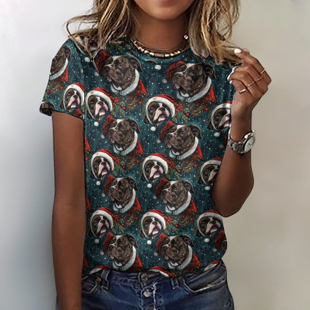 Christmas Canopy Black White Pit Bulls Womens Cotton T Shirt