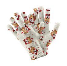 Load image into Gallery viewer, Christmas Cap Shiba Inus Touch Screen Gloves - 4 Colors-Accessories-Accessories, Christmas, Dog Dad Gifts, Dog Mom Gifts, Gloves, Shiba Inu-White-1