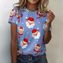 Load image into Gallery viewer, Christmas Corgis with Santa All Over Print Women's Cotton T-Shirt - 4 Colors-Apparel-Apparel, Christmas, Corgi, Shirt, T Shirt-2XS-CornflowerBlue-12