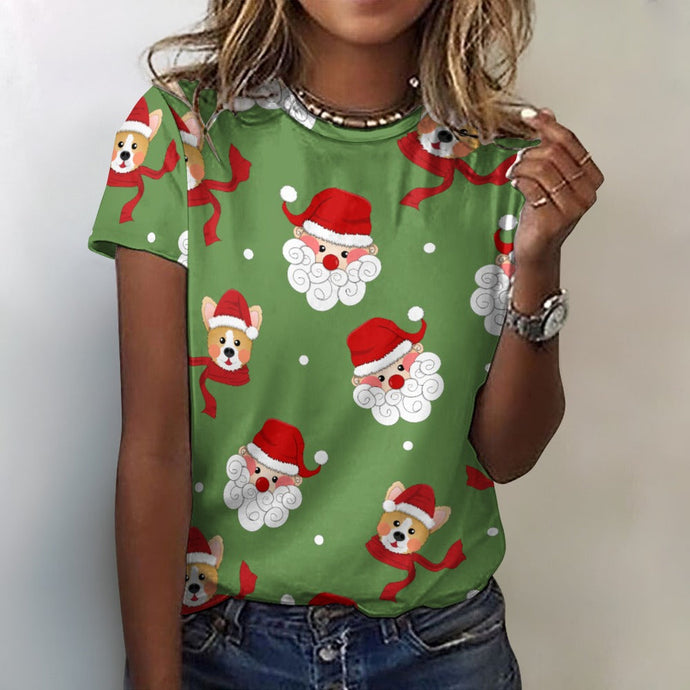 Christmas Corgis with Santa All Over Print Women's Cotton T-Shirt - 4 Colors-Apparel-Apparel, Christmas, Corgi, Shirt, T Shirt-2XS-OliveDrab-3