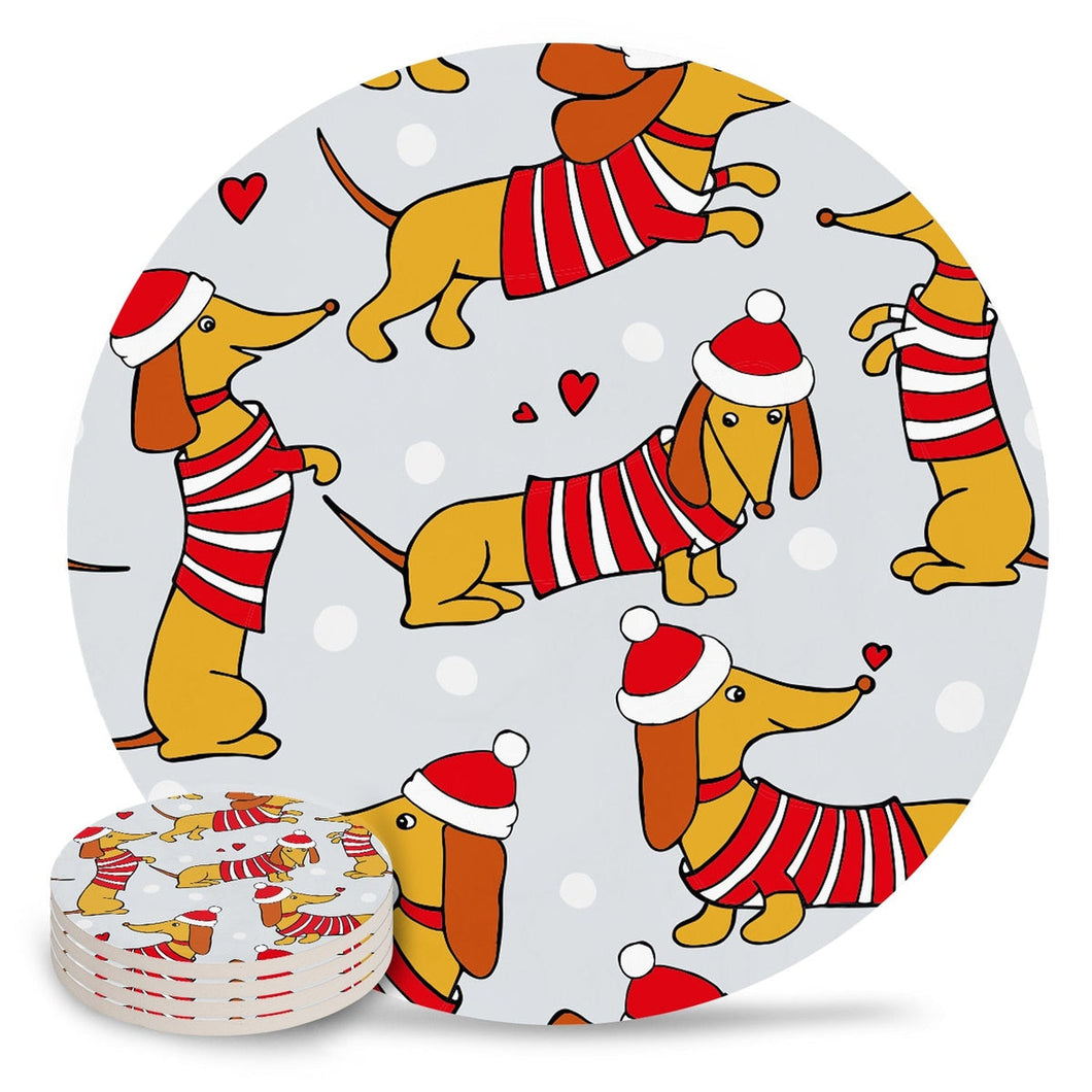 Christmas Dachshund Love Ceramic Coasters-Home Decor-Coaster, Dachshund, Dogs, Home Decor-4 PCS-1