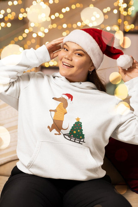 Christmas Sleigh Dachshund Women's Cotton Fleece Hoodie Sweatshirt - 4 Colors-Apparel-Apparel, Christmas, Dachshund, Hoodie, Sweatshirt-White-XS-1