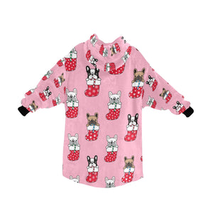 Christmas Stocking and Candy Cane French Bulldogs Blanket Hoodie for Women-Apparel-Apparel, Blankets-1