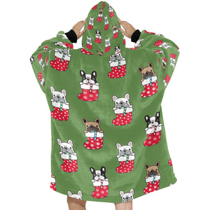 Christmas Stocking and Candy Cane French Bulldogs Blanket Hoodie for Women-Apparel-Apparel, Blankets-8