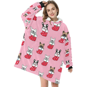 Christmas Stocking and Candy Cane French Bulldogs Blanket Hoodie for Women-Apparel-Apparel, Blankets-3