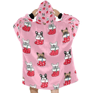 Christmas Stocking and Candy Cane French Bulldogs Blanket Hoodie for Women-Apparel-Apparel, Blankets-4