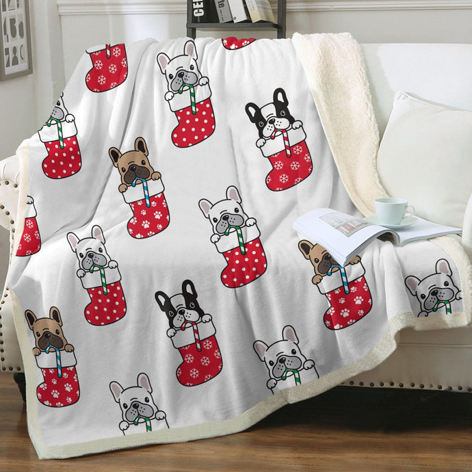 Christmas Stocking and Candy Cane French Bulldogs Fleece Blanket - 4 Colors-Blanket-Blankets, French Bulldog, Home Decor-Ivory-Small-1