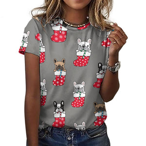 Christmas Stocking and Candy Cane Frenchies All Over Print Women's Cotton T-Shirt - 4 Colors-Apparel-Apparel, Christmas, French Bulldog, Shirt, T Shirt-13