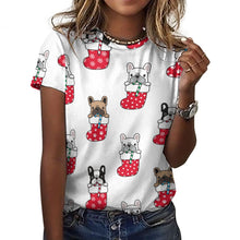 Load image into Gallery viewer, Christmas Stocking and Candy Cane Frenchies All Over Print Women&#39;s Cotton T-Shirt - 4 Colors-Apparel-Apparel, Christmas, French Bulldog, Shirt, T Shirt-15