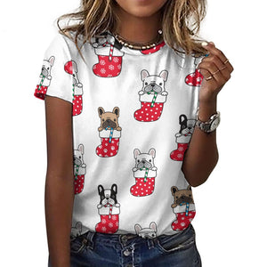 Christmas Stocking and Candy Cane Frenchies All Over Print Women's Cotton T-Shirt - 4 Colors-Apparel-Apparel, Christmas, French Bulldog, Shirt, T Shirt-15