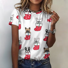 Load image into Gallery viewer, Christmas Stocking and Candy Cane Frenchies All Over Print Women&#39;s Cotton T-Shirt - 4 Colors-Apparel-Apparel, Christmas, French Bulldog, Shirt, T Shirt-White-2XS-2