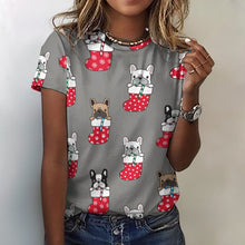 Load image into Gallery viewer, Christmas Stocking and Candy Cane Frenchies All Over Print Women&#39;s Cotton T-Shirt - 4 Colors-Apparel-Apparel, Christmas, French Bulldog, Shirt, T Shirt-Gray-2XS-4