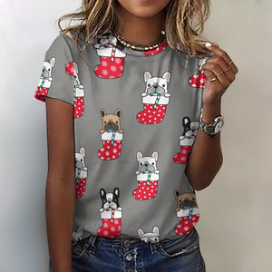 Christmas Stocking and Candy Cane Frenchies All Over Print Women's Cotton T-Shirt - 4 Colors-Apparel-Apparel, Christmas, French Bulldog, Shirt, T Shirt-Gray-2XS-4