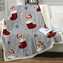 Load image into Gallery viewer, Christmas Stocking Corgis Love Soft Warm Fleece Blanket-Blanket-Blankets, Corgi, Home Decor-Sparkly Red Christmas Stockings-Warm Gray-Small-2