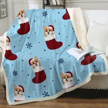 Load image into Gallery viewer, Christmas Stocking Corgis Love Soft Warm Fleece Blanket-Blanket-Blankets, Corgi, Home Decor-Sparkly Red Christmas Stockings-Sky Blue-Small-3