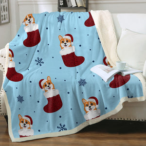 Christmas Stocking Corgis Love Soft Warm Fleece Blanket-Blanket-Blankets, Corgi, Home Decor-Sparkly Red Christmas Stockings-Sky Blue-Small-3