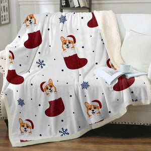 Christmas Stocking Corgis Love Soft Warm Fleece Blanket-Blanket-Blankets, Corgi, Home Decor-Sparkly Red Christmas Stockings-Ivory-Small-4