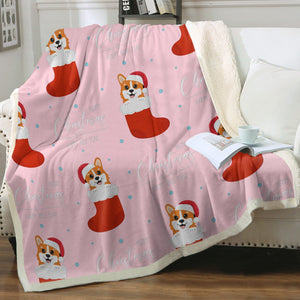 Christmas Stocking Corgis Love Soft Warm Fleece Blanket-Blanket-Blankets, Corgi, Home Decor-With Merry Christmas and Happy New Year Text-Soft Pink-Small-5