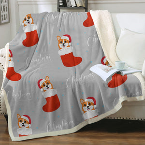 Christmas Stocking Corgis Love Soft Warm Fleece Blanket-Blanket-Blankets, Corgi, Home Decor-With Merry Christmas and Happy New Year Text-Warm Gray-Small-6
