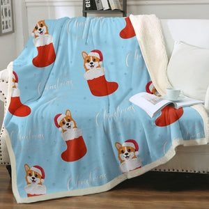 Christmas Stocking Corgis Love Soft Warm Fleece Blanket-Blanket-Blankets, Corgi, Home Decor-With Merry Christmas and Happy New Year Text-Sky Blue-Small-7