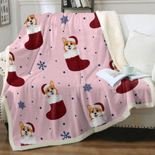 Load image into Gallery viewer, Christmas Stocking Corgis Love Soft Warm Fleece Blanket-Blanket-Blankets, Corgi, Home Decor-Sparkly Red Christmas Stockings-Soft Pink-Small-1