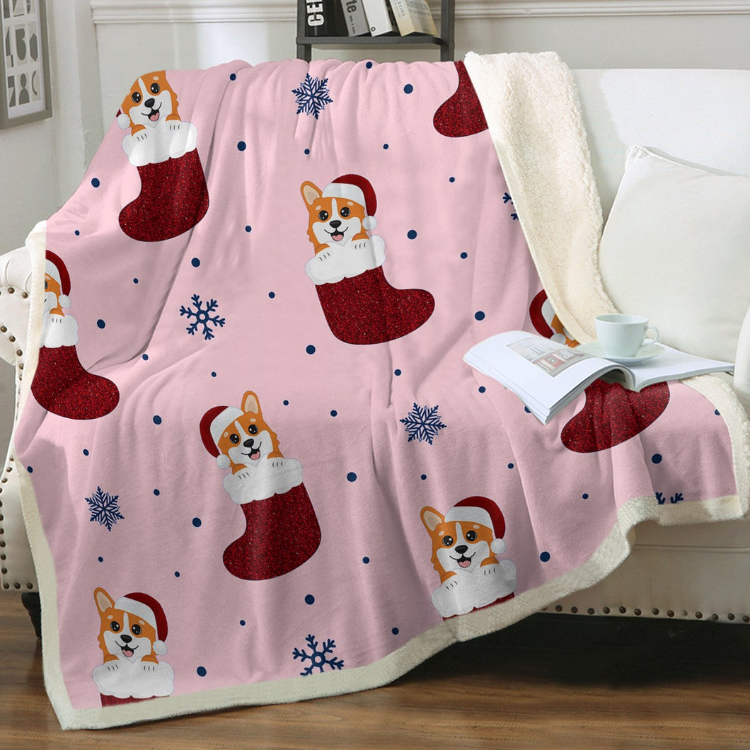 Christmas Stocking Corgis Love Soft Warm Fleece Blanket-Blanket-Blankets, Corgi, Home Decor-Sparkly Red Christmas Stockings-Soft Pink-Small-1