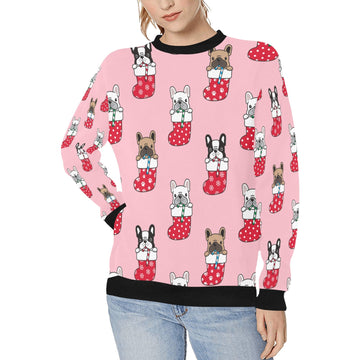 Christmas Stockings and Candy Cane French Bulldogs Women's Sweatshirt-Apparel-Apparel, French Bulldog, Sweatshirt-Pink-XS-7