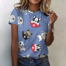Load image into Gallery viewer, Coffee Cup Frenchies All Over Print Women&#39;s Cotton T-Shirt - 4 Colors-Apparel-Apparel, French Bulldog, Shirt, T Shirt-2XS-CornflowerBlue-1