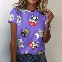 Load image into Gallery viewer, Coffee Cup Frenchies All Over Print Women&#39;s Cotton T-Shirt - 4 Colors-Apparel-Apparel, French Bulldog, Shirt, T Shirt-Purple-2XS-3