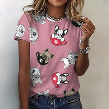 Load image into Gallery viewer, Coffee Cup Frenchies All Over Print Women&#39;s Cotton T-Shirt - 4 Colors-Apparel-Apparel, French Bulldog, Shirt, T Shirt-2XS-PaleVioletRed-11