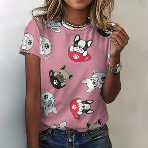 Coffee Cup Frenchies All Over Print Women's Cotton T-Shirt - 4 Colors-Apparel-Apparel, French Bulldog, Shirt, T Shirt-2XS-PaleVioletRed-11