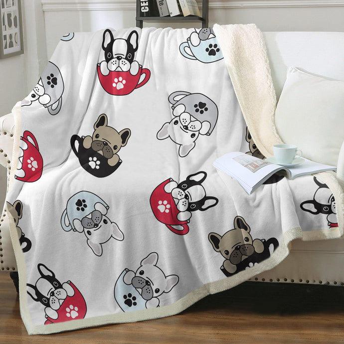 Coffee Cup Frenchies Love Soft Warm Fleece Blanket - 4 Colors-Blanket-Blankets, French Bulldog, Home Decor-Ivory-Small-1