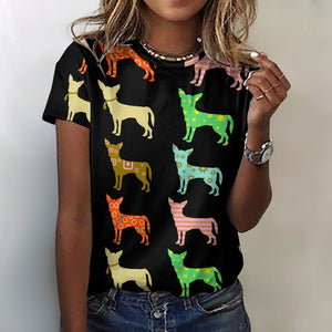 Colorful Chihuahua Silhouettes Love All Over Print Women's Cotton T-Shirt - 4 Colors-Apparel-Apparel, Chihuahua, Shirt, T Shirt-Black-2XS-2