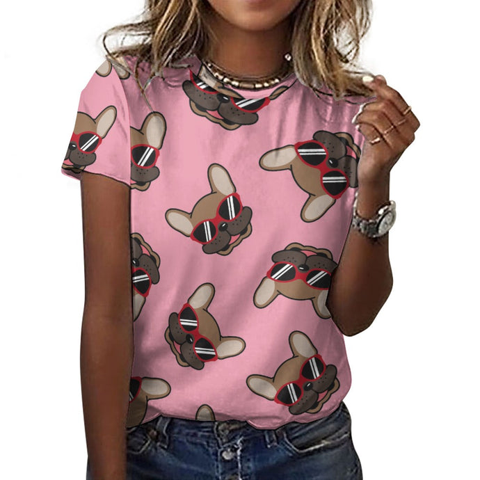 Coolest Fawn French Bulldog Love All Over Print Women's Cotton T-Shirt - 4 Colors-Apparel-Apparel, French Bulldog, Shirt, T Shirt-Pink-2XS-1