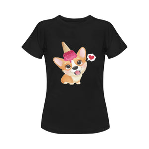 Corgi and Ice Cream Love Women's Cotton T-Shirts-Apparel-Apparel, Corgi, Shirt, T Shirt-Strawberry-Black-Small-12