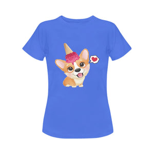 Corgi and Ice Cream Love Women's Cotton T-Shirts-Apparel-Apparel, Corgi, Shirt, T Shirt-Strawberry-Blue-Small-14