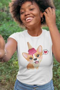 Corgi and Ice Cream Love Women's Cotton T-Shirts-Apparel-Apparel, Corgi, Shirt, T Shirt-Strawberry-White-Small-5